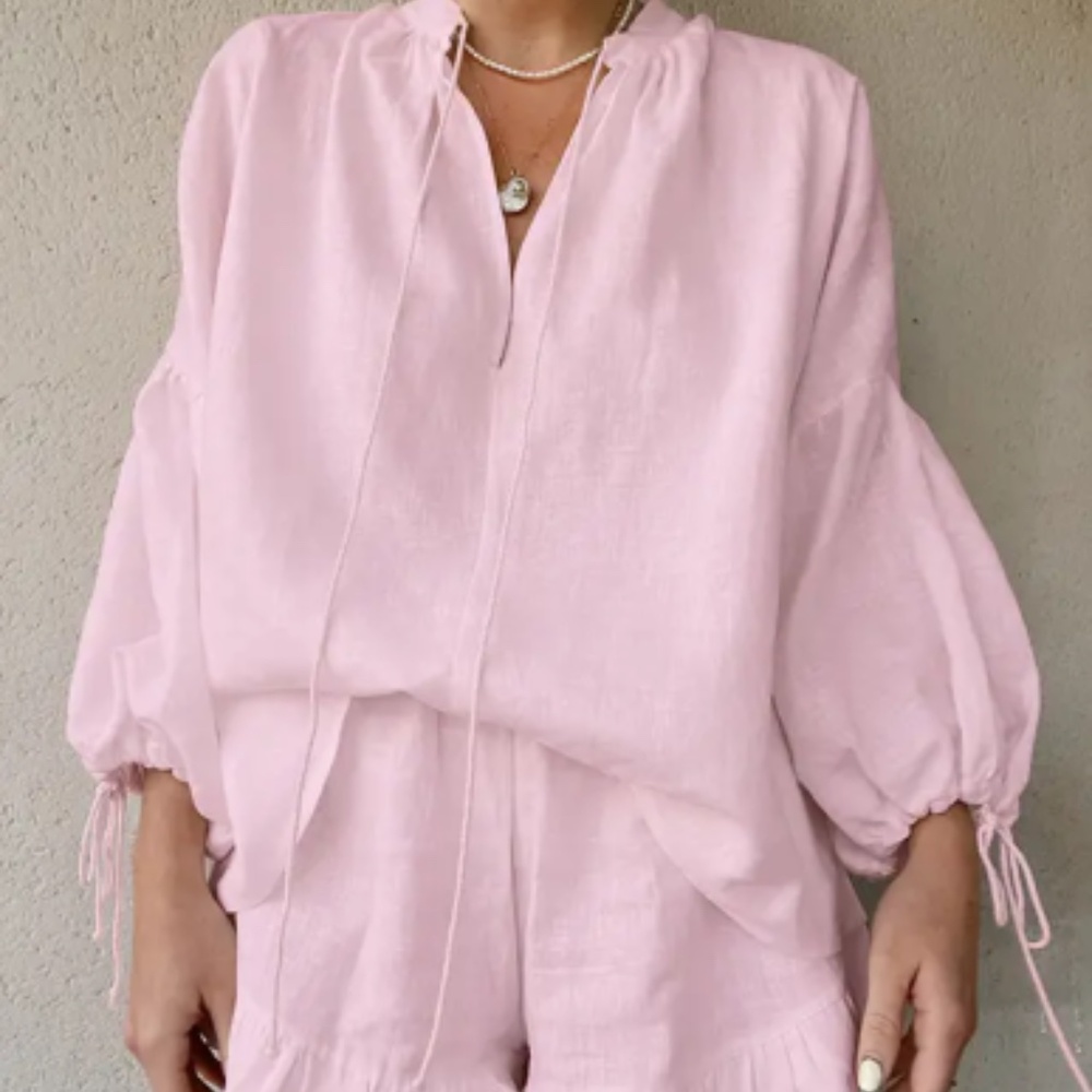 Pink Long Sleeve Blouse and Shorts Set